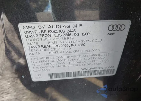2015 Audi Q5 2.0T Premium из США, поврежденный, VIN WA1LFAFP2FA130008